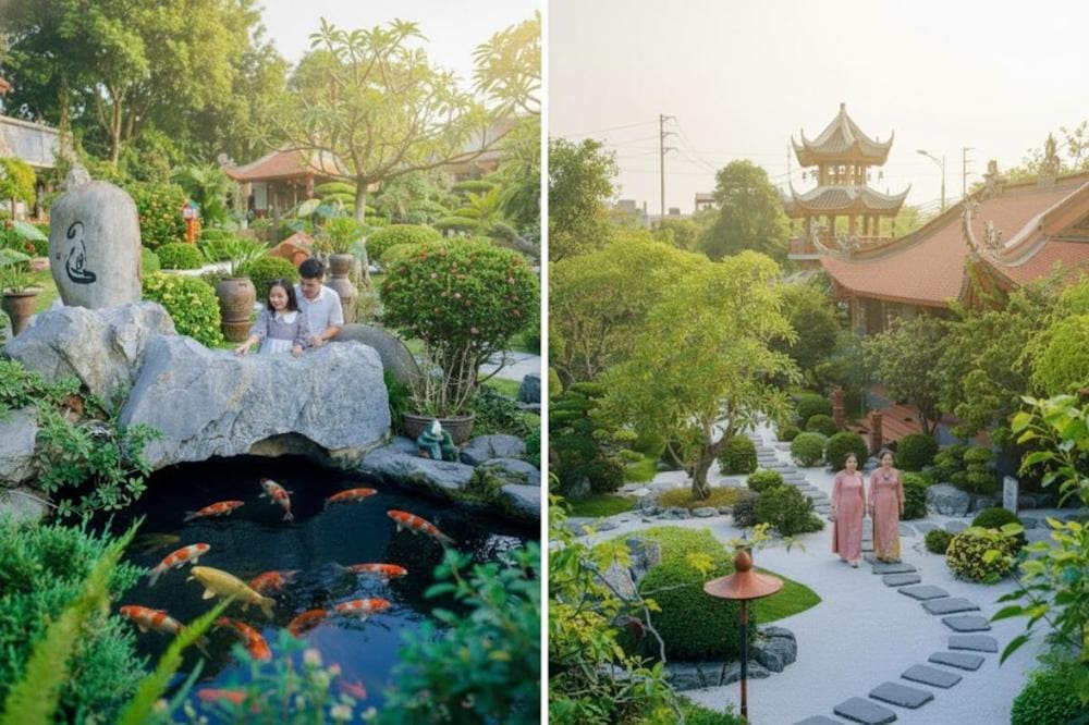 Trải dài khắp khuôn viên chùa có nhiều góc chụp ảnh rất xịn như hồ cá, lối vào lát đá trắng để du khách check-in.